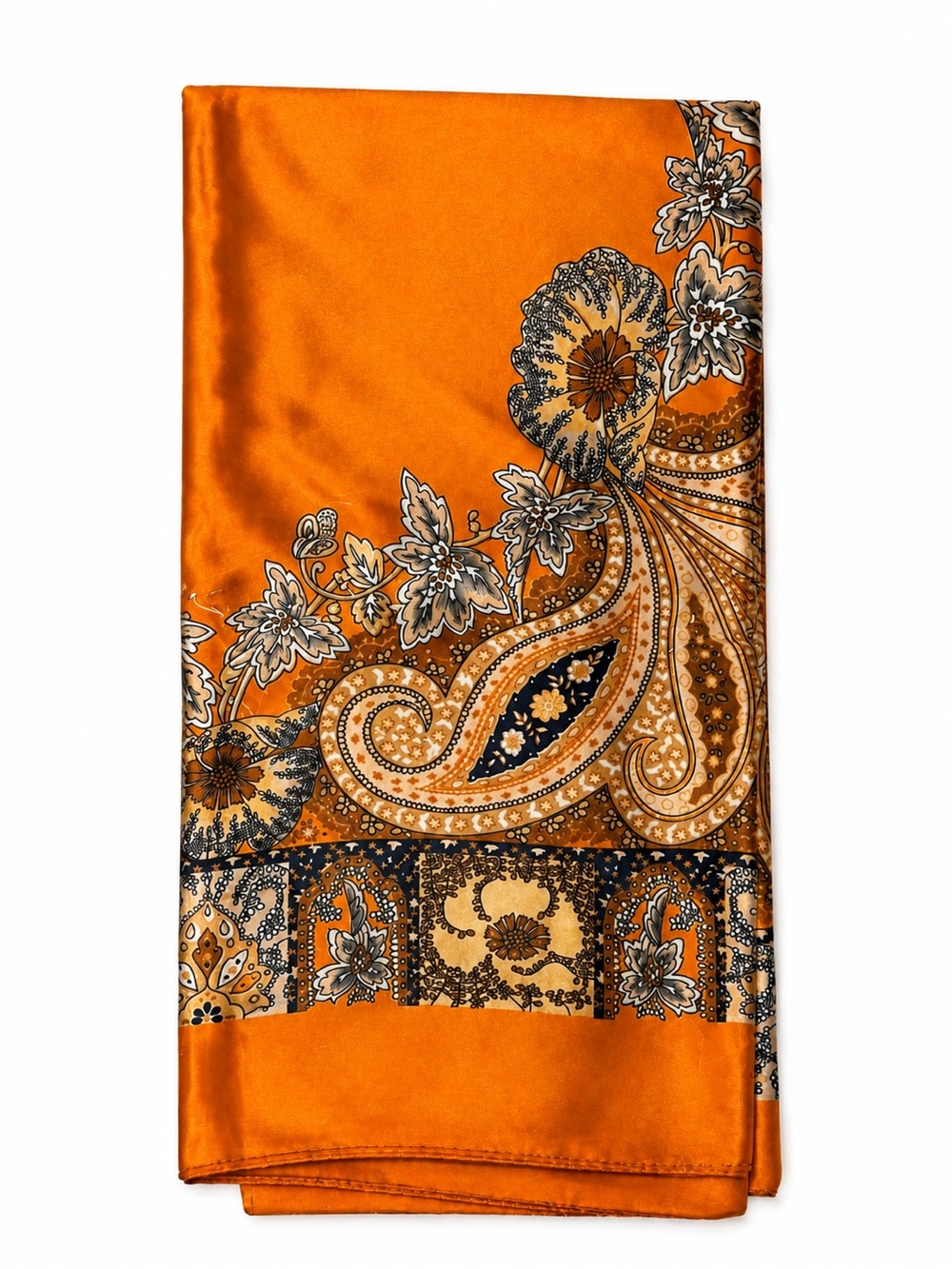Orange Paisley Satin Scarf 35” x 35” – Floral Vintage-Inspired Print